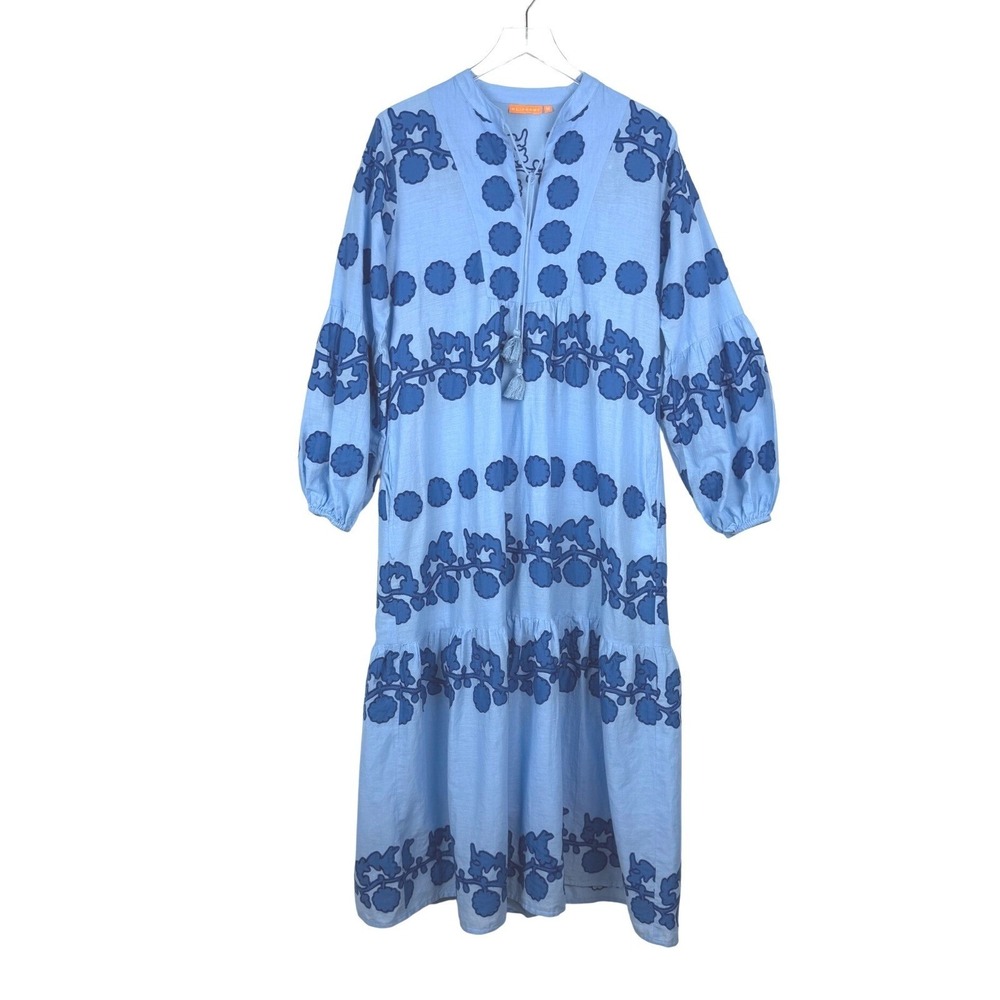 Oliphant Blue Embroidered Floral Applique Puff Sleeve Maxi Dress Medium - Picture 6 of 16